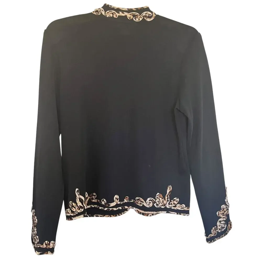 Ming Wang Black Leopard Print Embellished Cardigan Sweater Jacket Size Small